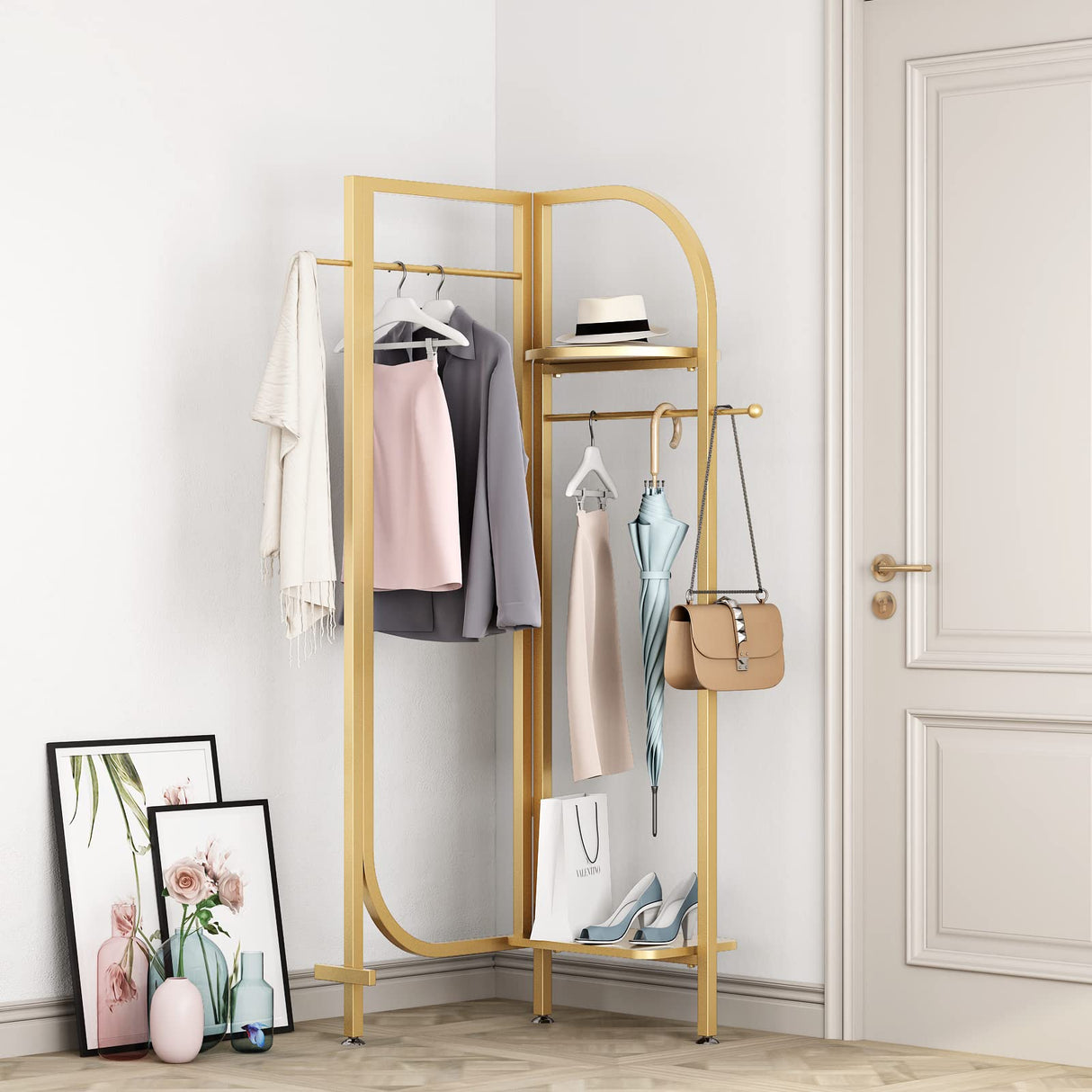 Corner Gold Metal Clothing Racks,Heavy Duty Freestanding Clothes Racks Coat Rack