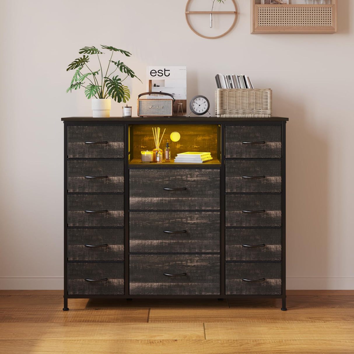 13 Drawers Dresser, Dressers with Fabric Drawers，Open Shelf