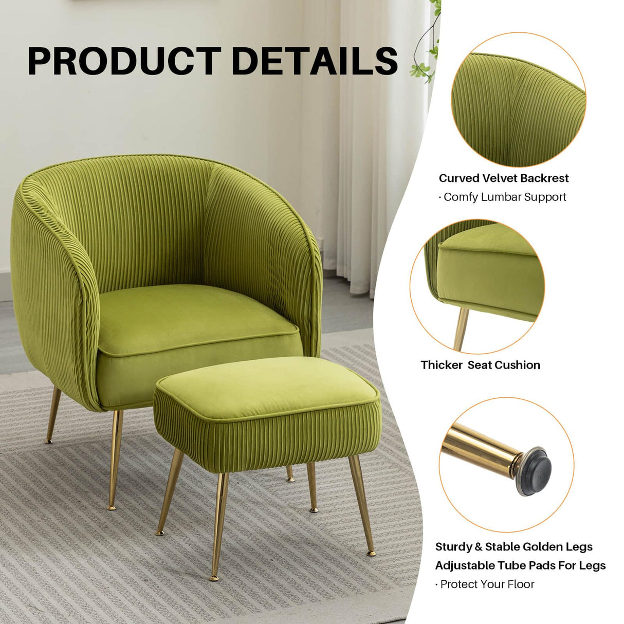 SOFTHION Velvet Accent Chair with Ottoman Set Modern Barrel Arm Upholstered Single Sofa Round Tub Chair with Metal Legs Footrest for Living Room Bedroom Reading Room Office, Green