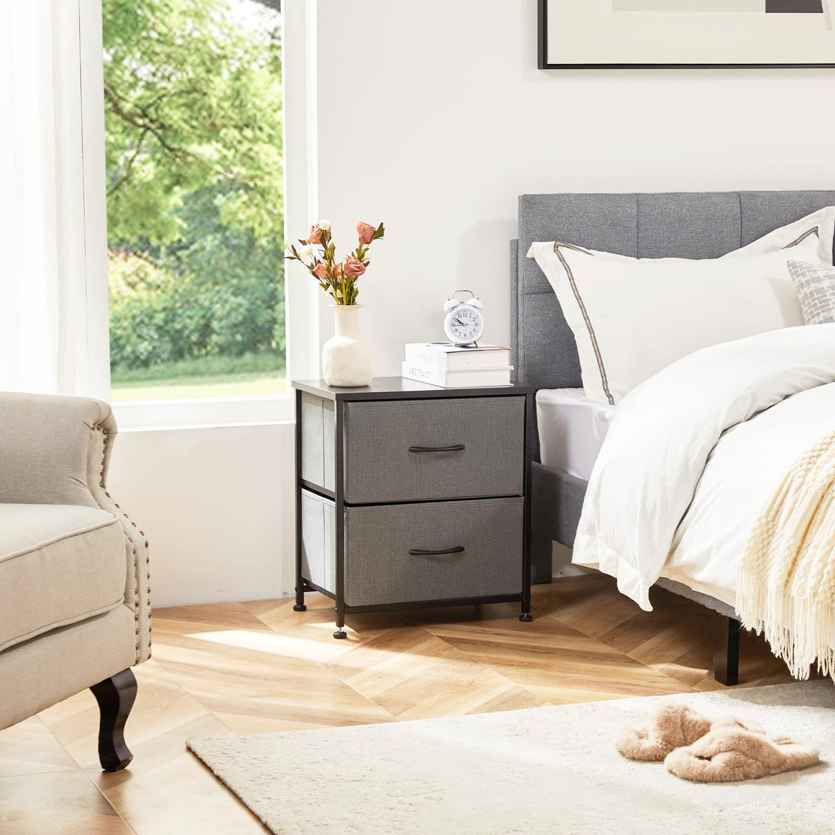 Nightstands Set of 2, Metal Frame and Wood Top Night Stand with 2 Drawer Dresser,