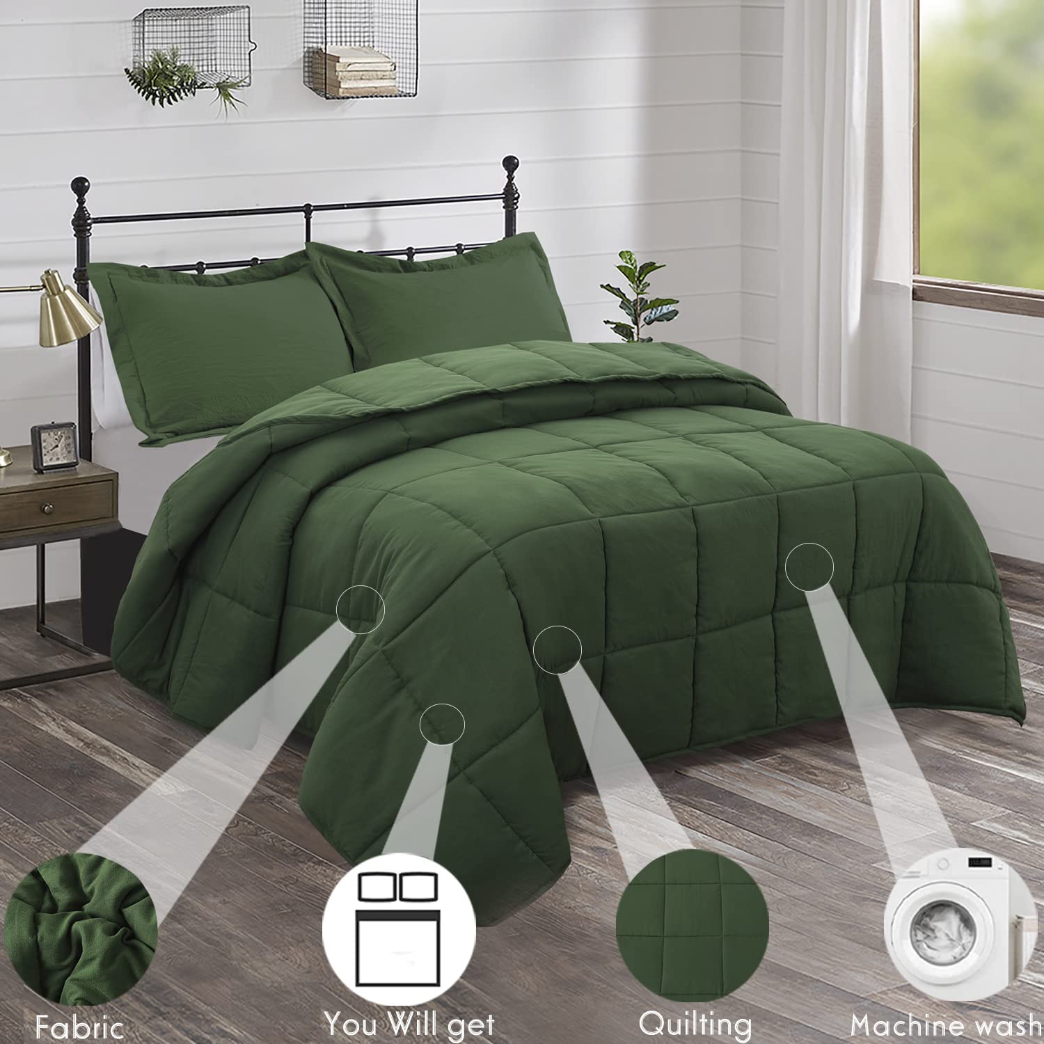 3pc Prewashed Green Queen Size Comforter Duvet Insert - All Season Quilted Down Alternative Comforter