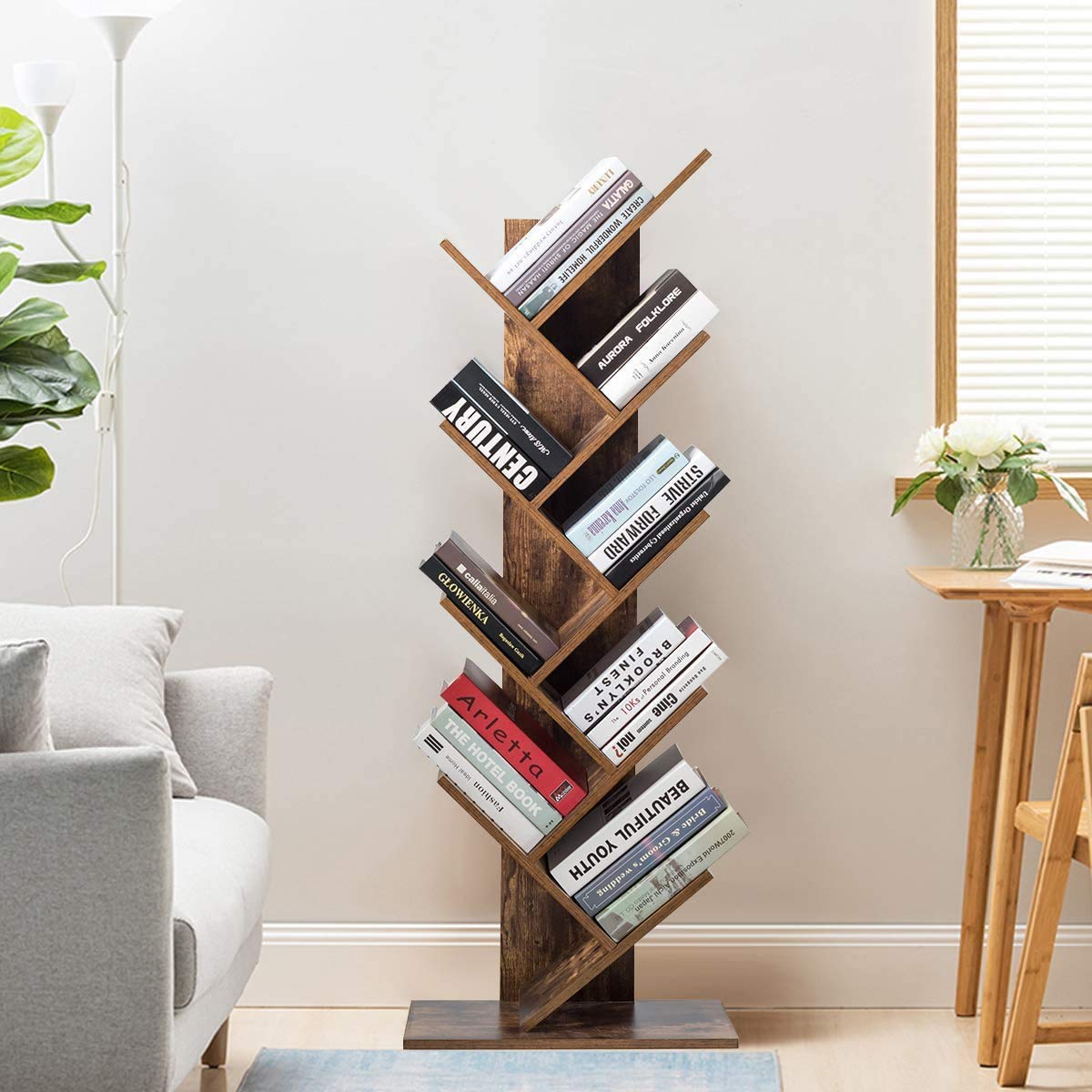 Tree Bookshelf, 9-Shelf Floor Standing Bookcase, Space Saving CDs/Albums/Books Holder for Living Room, Home Office, Book Organizer w/Anti-toppling Device (Rustic Brown)