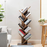 Tree Bookshelf, 9-Shelf Floor Standing Bookcase, Space Saving CDs/Albums/Books Holder for Living Room, Home Office, Book Organizer w/Anti-toppling Device (Rustic Brown)
