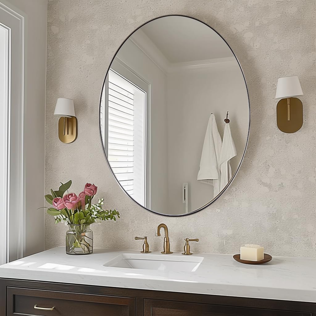 Brushed Nickel Mirror, Oval Bathroom Mirror 22x30'', Brushed Nickel Oval Wall Mirror