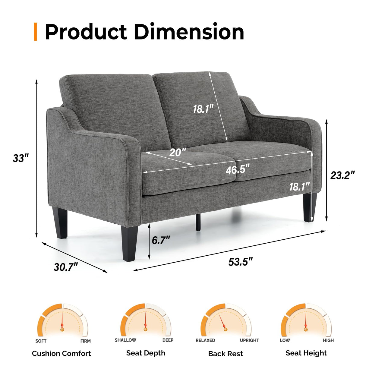 VINGLI 53" Wide Love Seat, Mid-Century Modern Loveseat Sofa Couch with Solid Legs, 2 Seater Sofa Couches with Scooped Armrest for Small Spaces, Living Room, Dorm, Bedroom, Apartment (Light Grey)