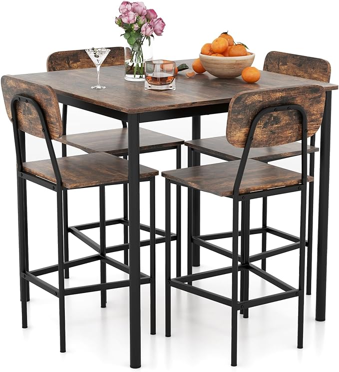 5-Piece Dining Table Set W/Counter Height Table & 4 Bar Stools,