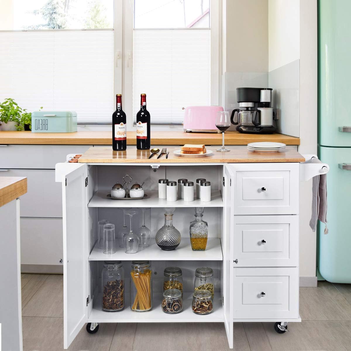 Kitchen Island Cart with Drop-Leaf Tabletop, Large Trolley Cart with Large Cabinet