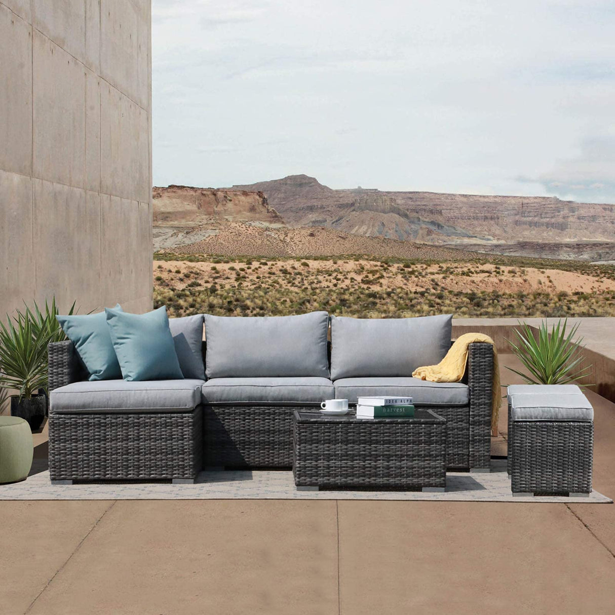 7 Pieces Outdoor Patio Furniture Set, Outdoor Sectional Conversation Set, All Weather Grey Wicker Rattan Sofa Set, W/Glass Table, Two Assembled Ottomans, Light Grey Cushions