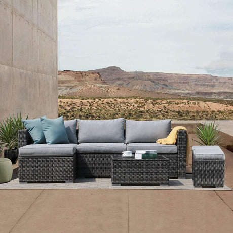 7 Pieces Outdoor Patio Furniture Set, Outdoor Sectional Conversation Set, All Weather Grey Wicker Rattan Sofa Set, W/Glass Table, Two Assembled Ottomans, Light Grey Cushions