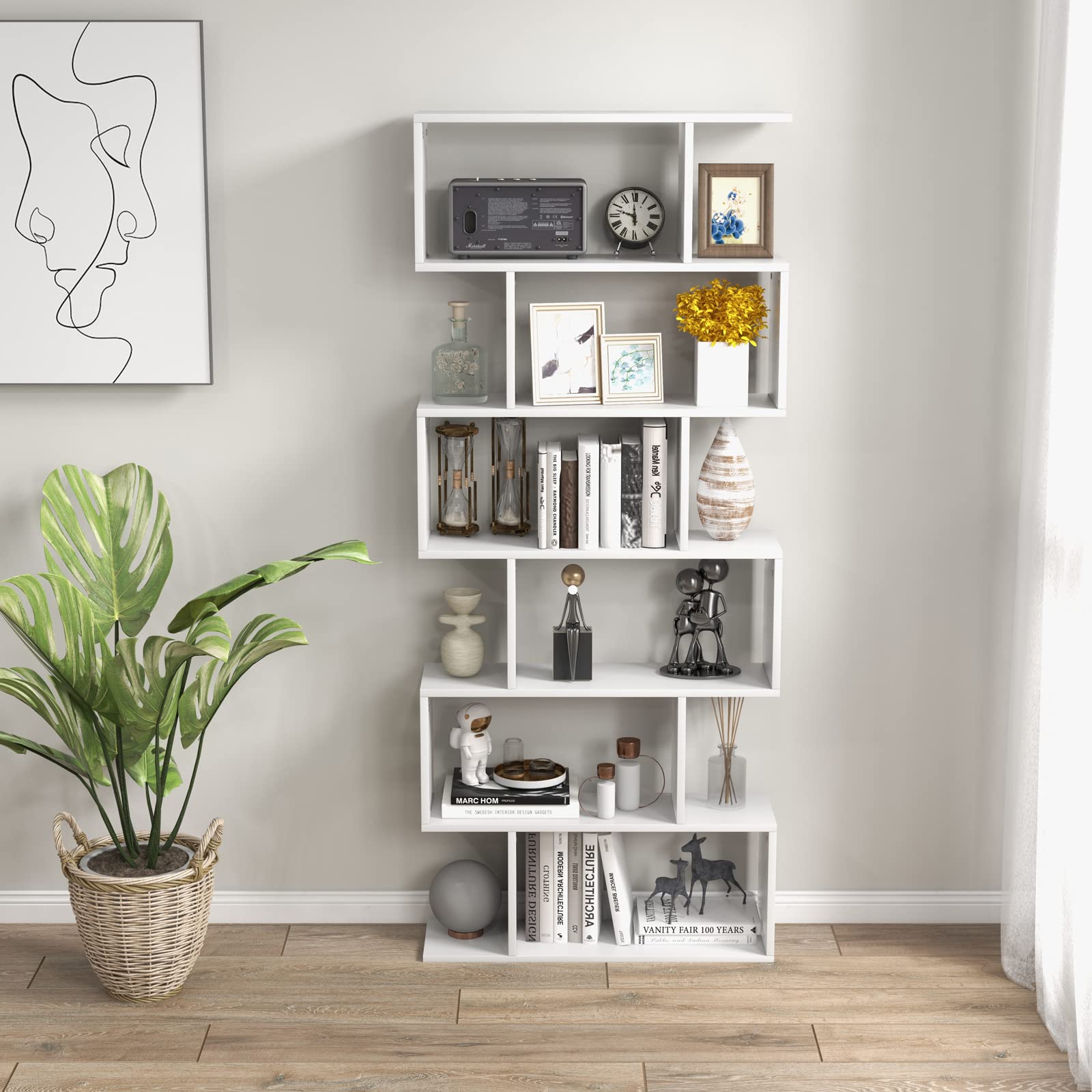Tangkula 6-Tier Geometric Bookcase, Modern S-Shaped Storage Display Bookshelf for Living Room, Anti-Toppling Device, Home Office Wooden 6 Shelf Open Bookcase (1, White)