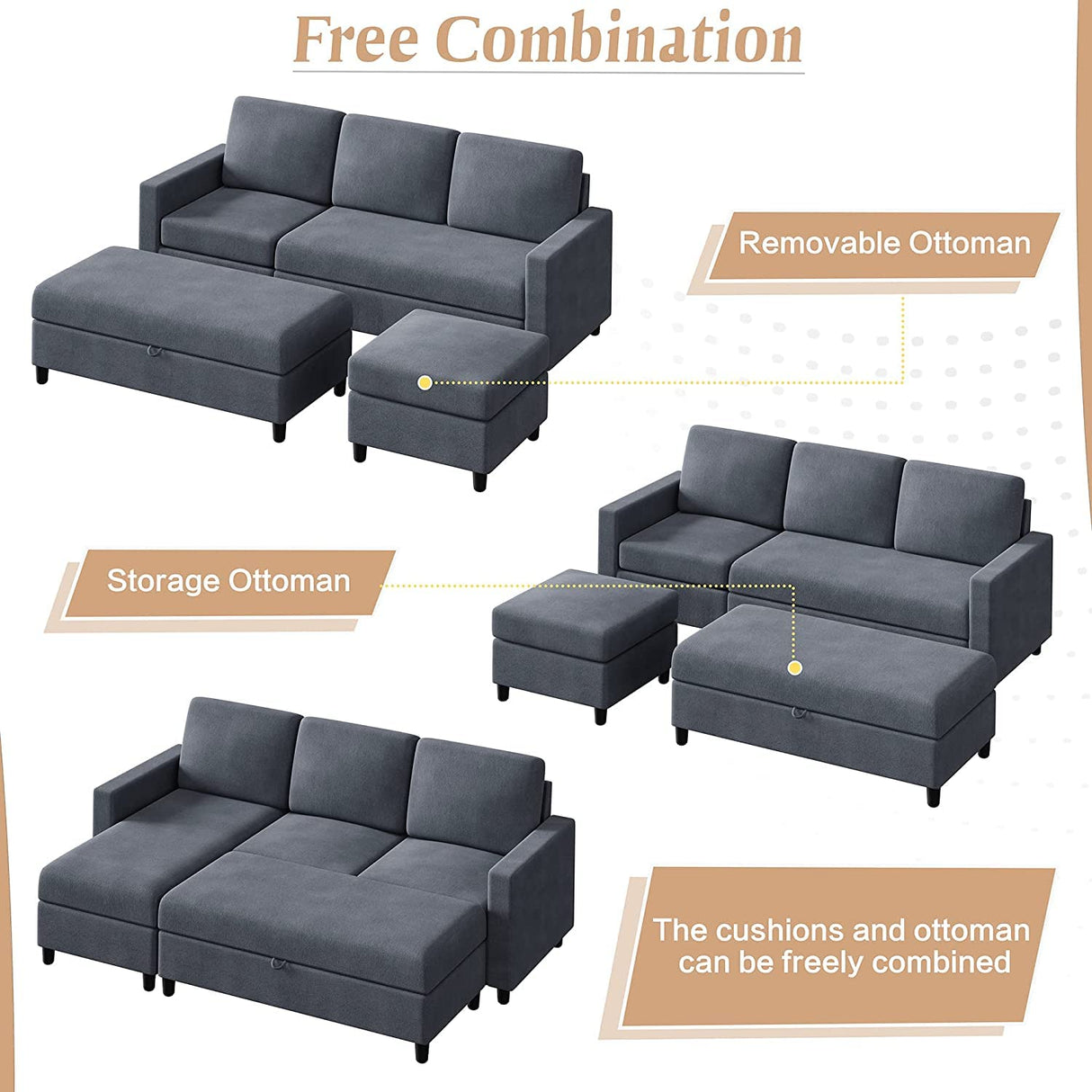 79'' Sectional Sofa Couch with Storage Ottoman, Living Room Furniture Set Small