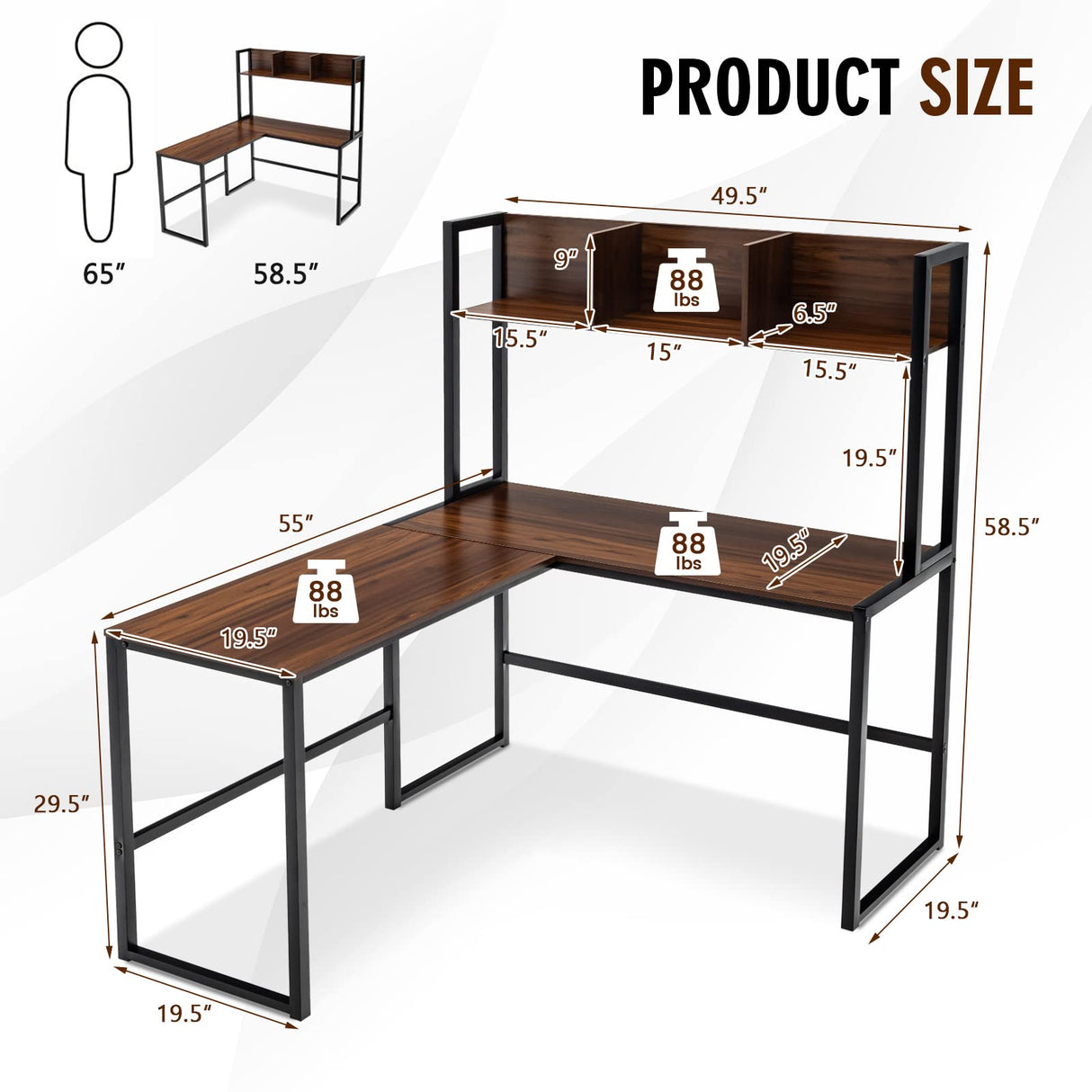 Tangkula Reversible L-Shaped Desk with Hutch, Space Saving Corner Computer Desk with Storage Shelves, Home Office Study Writing Desk Computer Workstation with Storage Bookshelf, Gaming Desk