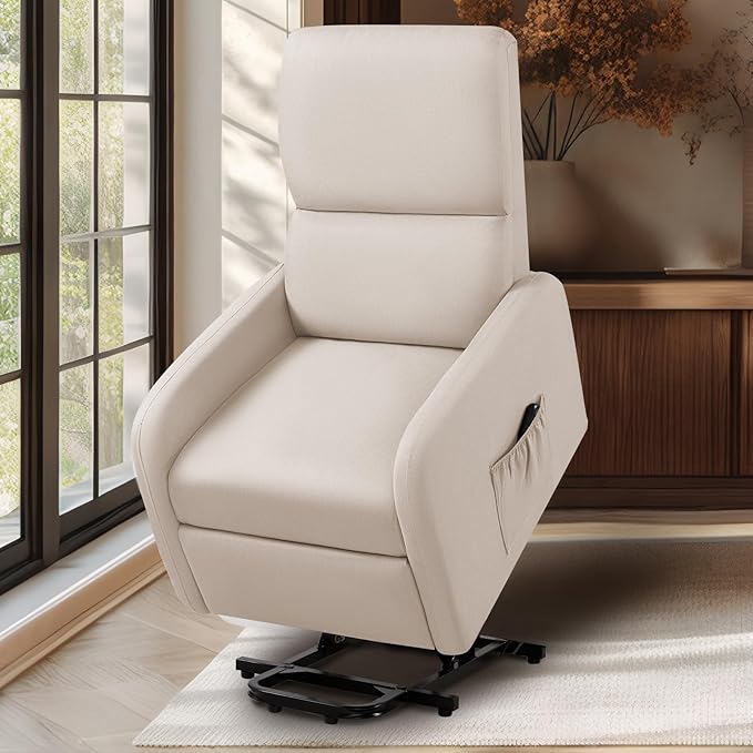 Lift Recliner Chairs for Adults, Small Electric Recliners with High Back & Side Pocket for Nursery Living Room Bedroom, Comfy Upholstered Modern Nursing Single Sofa, Teddy White