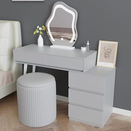 Vanity Desk with Lighted Mirror and Drawers,Makeup Vanity Table with Storage Cabinet and Vanity Chair