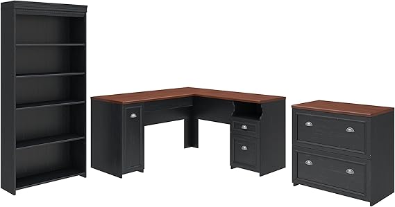 FV008G2W 60-Inch L-Shaped Desk with Lateral File Cabinet and 5-Shelf Bookcase