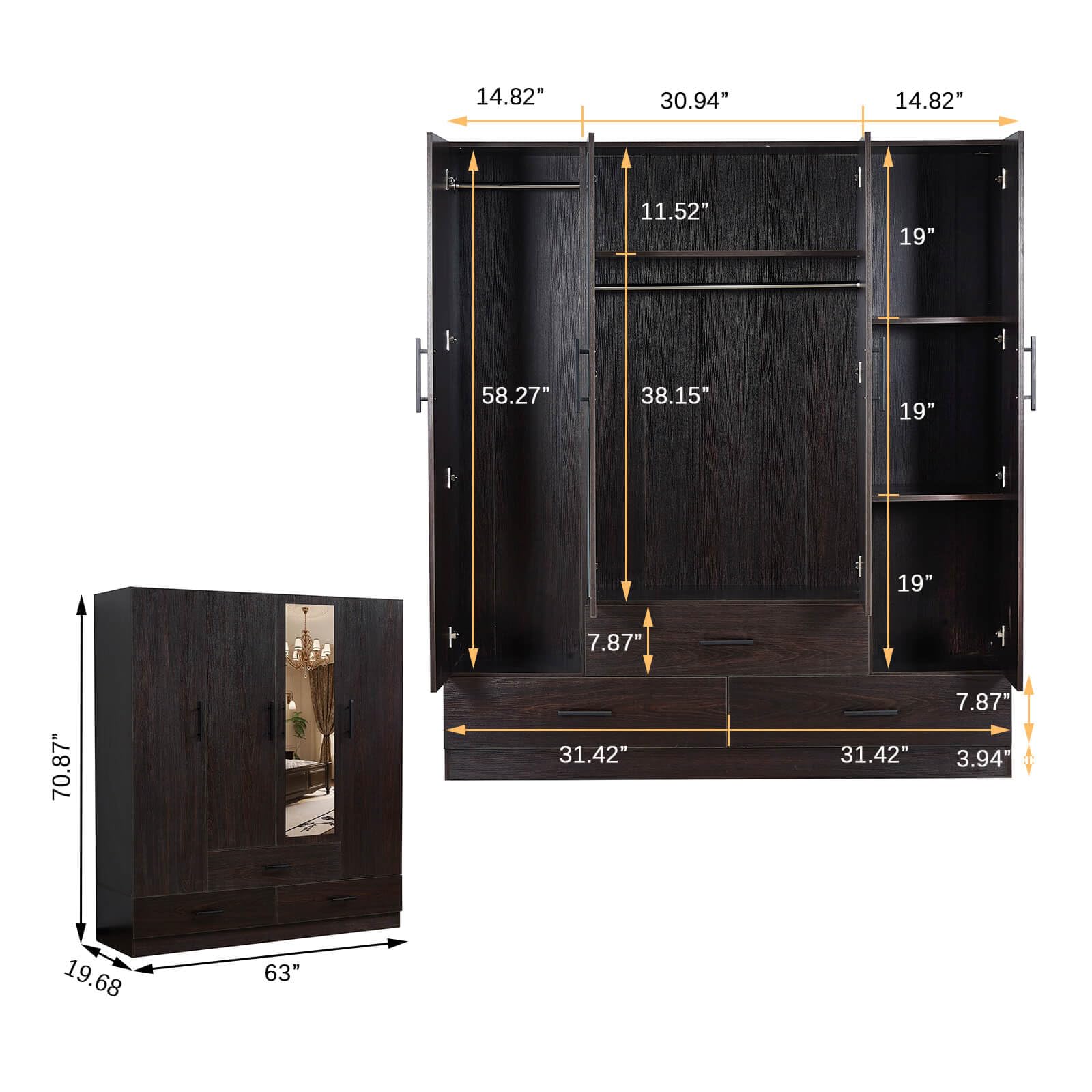 Wooden Wardrobe Closet with 4 Doors, 71" H Bedroom armoires Wardrobe Closet