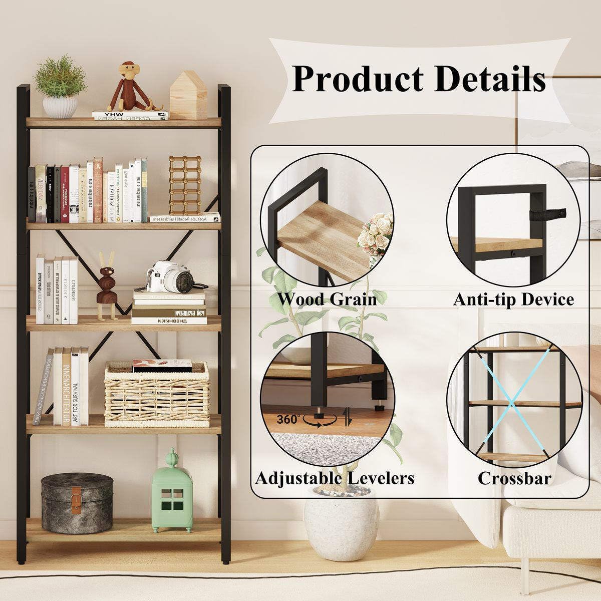 5 Tier Bookshelf, Industrial Wood and Metal Book Shelves for Display, Tall Etagere Bookcase and Rustic Shelving Unit (Rustic Oak)