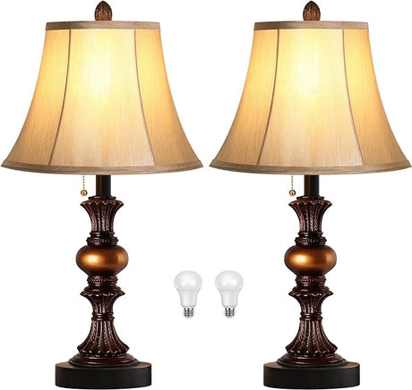 Traditional Table Lamp Set of 2, Vintage Bedside Lamps with 3 Color Temperatures LED Bulbs