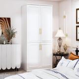 White Wardrobe Armoire with 4 Doors, 3-Tier Shelves & Hanging Rod