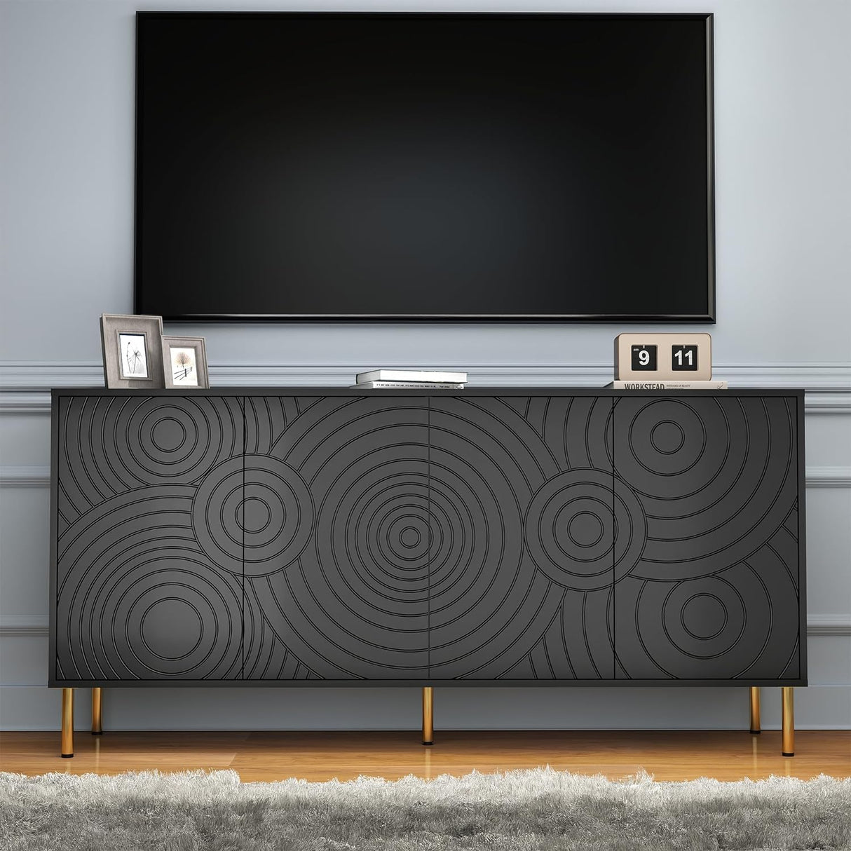 63'' Sideboard Buffet Cabinet, Black Storage Cabinet with 4 Doors, Modern Credenza