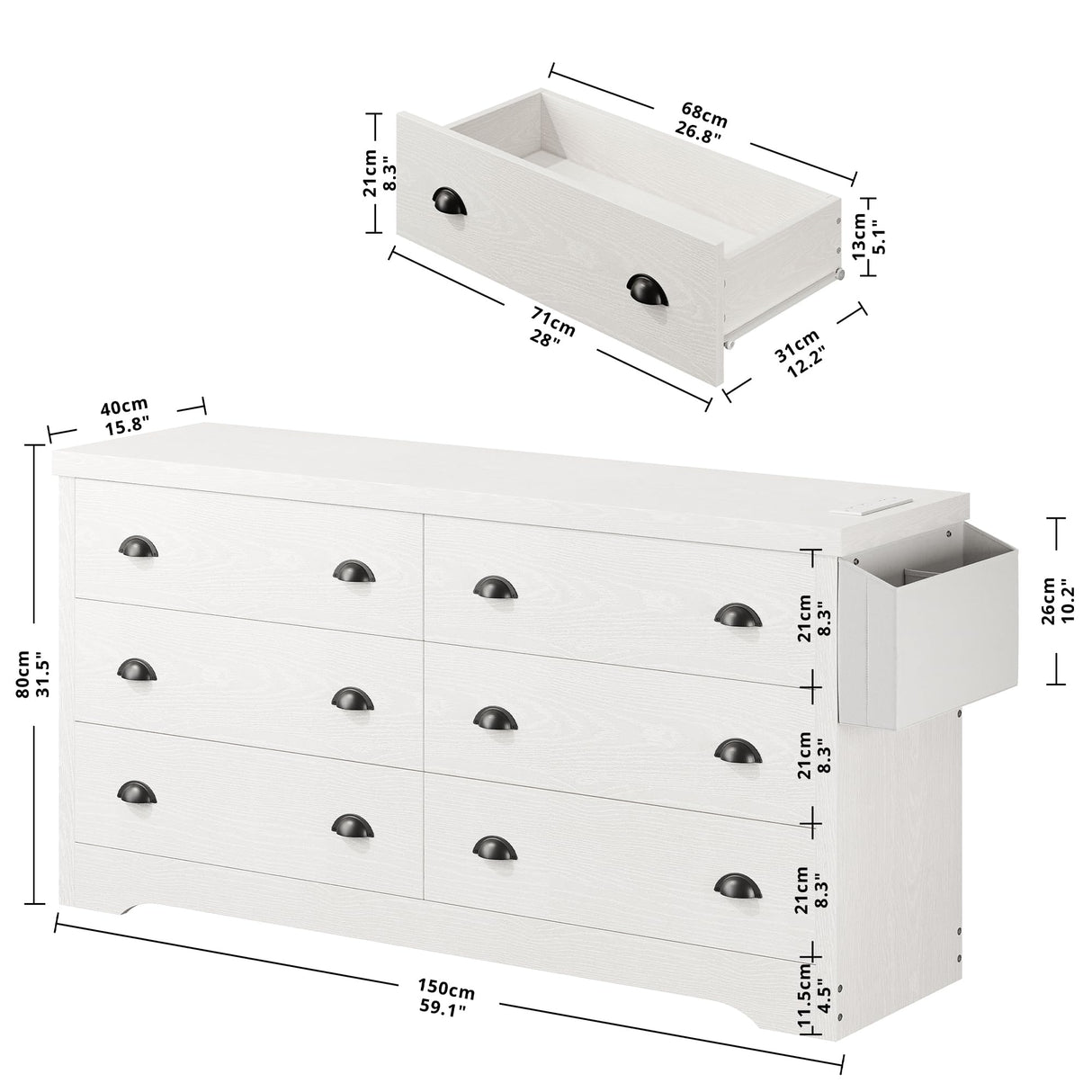 Dresser for Bedroom 6 Drawer with Charging Station, TV Stand Storage Chest