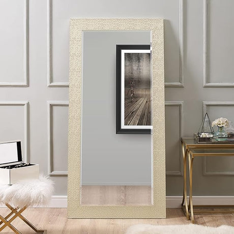 Oversized Full-Length Mirror – Large Mosaic Decorative Wall Mirror with Faux Wood Frame – Elegant Tall Full-Body Floor Mirror in Silver for Bedroom and Living Room