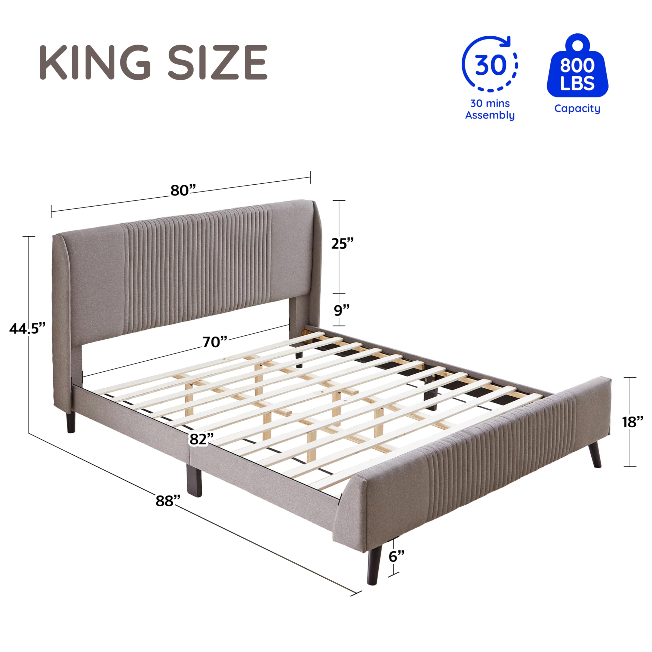 Sunset King Platform Bed with Wingback Headboard - Gray Fabric Upholstered