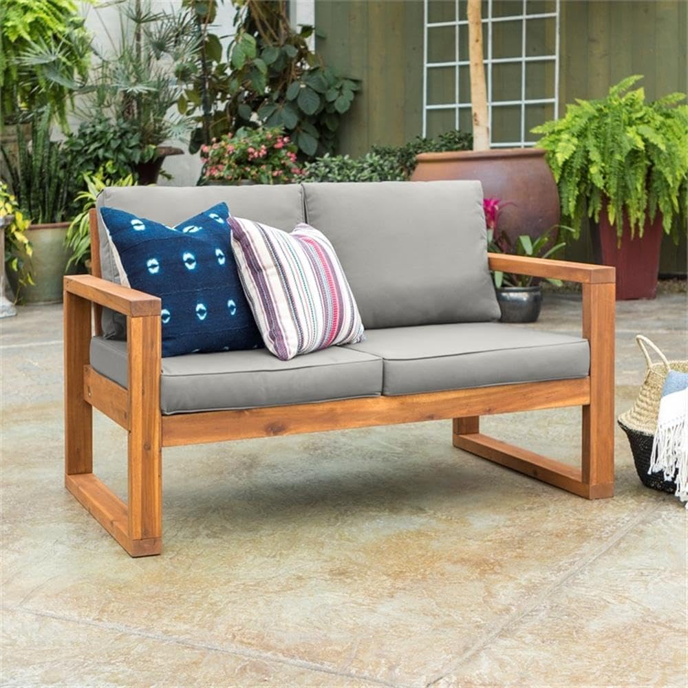 Open Side Patio Loveseat with Gray Cushions in Brown
