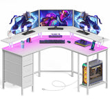 Corner Computer Desk with Power Outlets & LED Lights, 44.6" Small Home Office Desk with 3 Drawers, Reversible Gaming Desk with Storage Shelves, Corner Desk with Monitor Stand, White