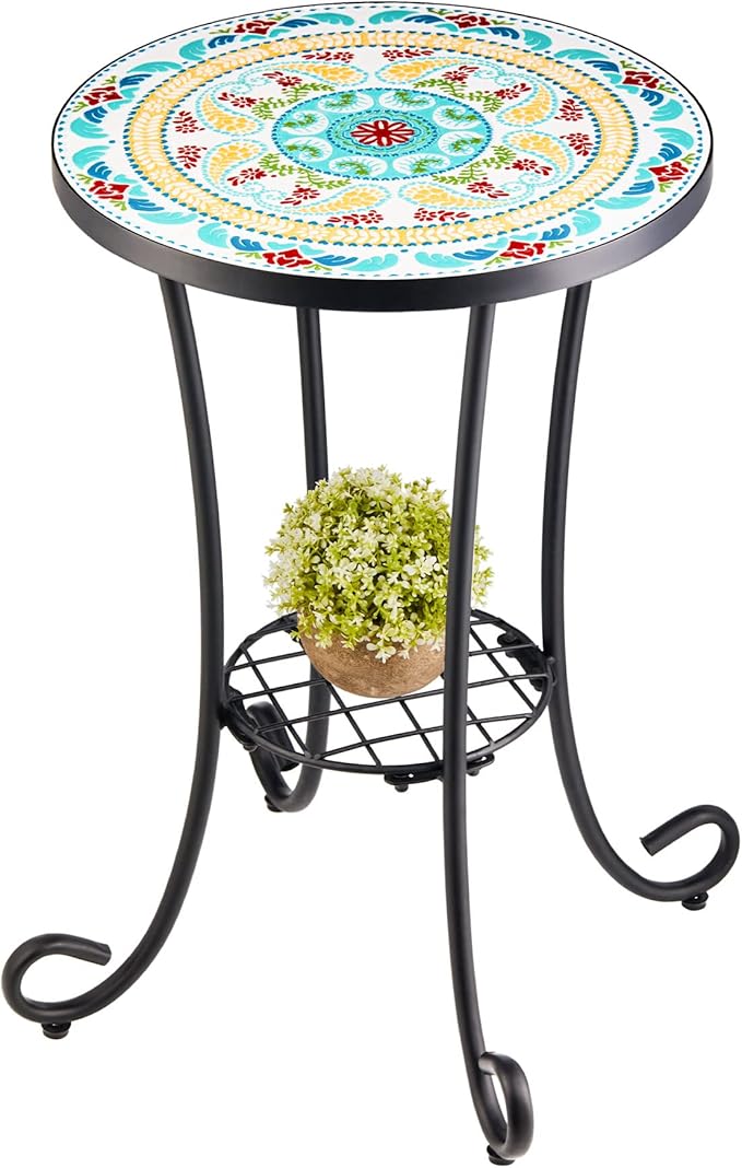 Side Table and Plant Stand, 21" End Table with 14" Ceramic Tile Top for Porch Garden Decor