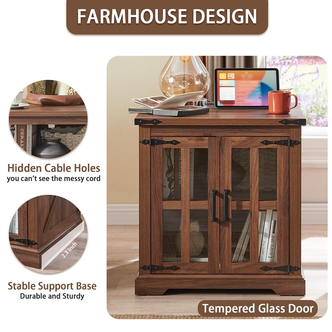 Farmhouse End Table with Charging Station,24" Large Sofa Side Table