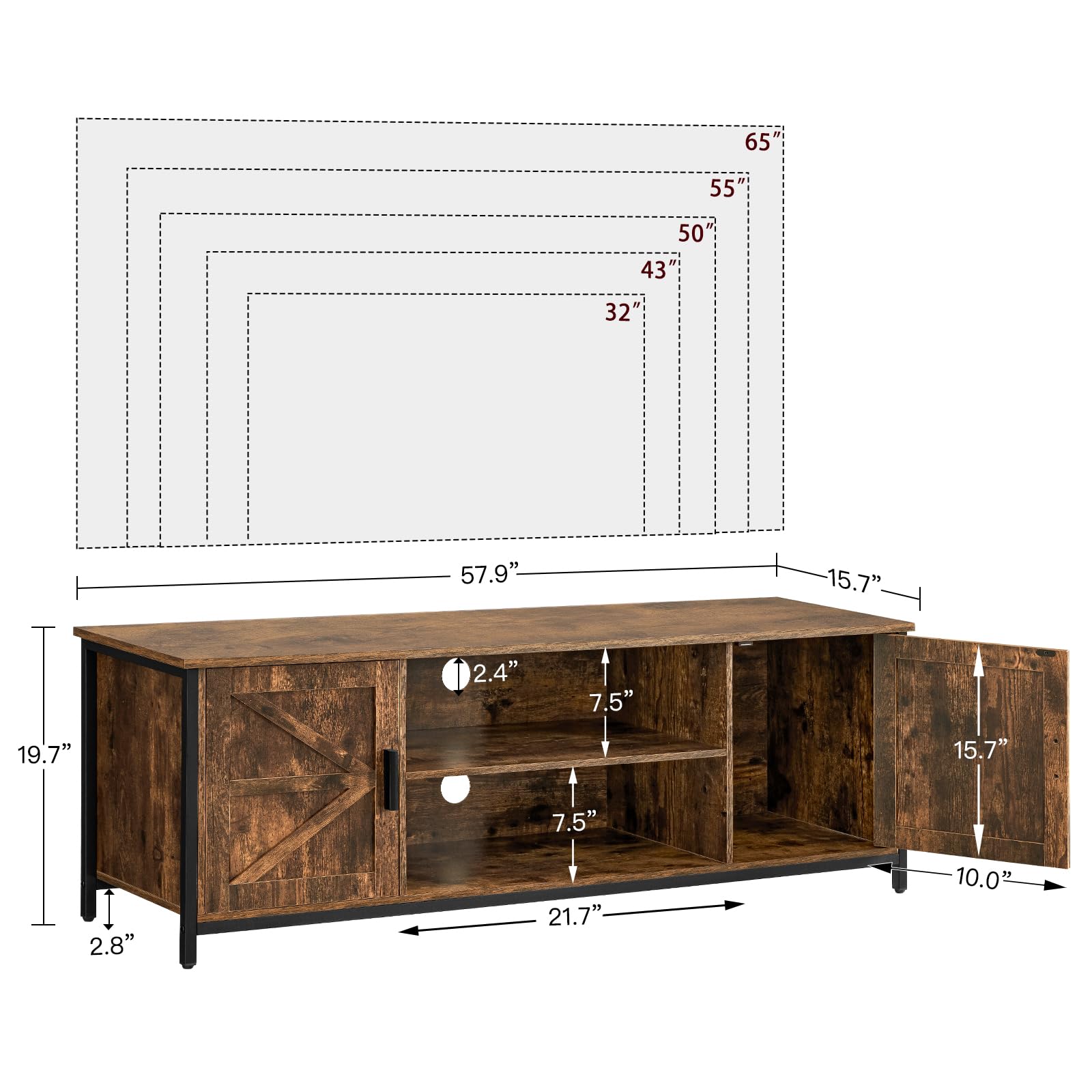 Farmhouse TV Stand for up to 65 Inch TV, Entertainment Center with 2 Cabinets & Shelf,