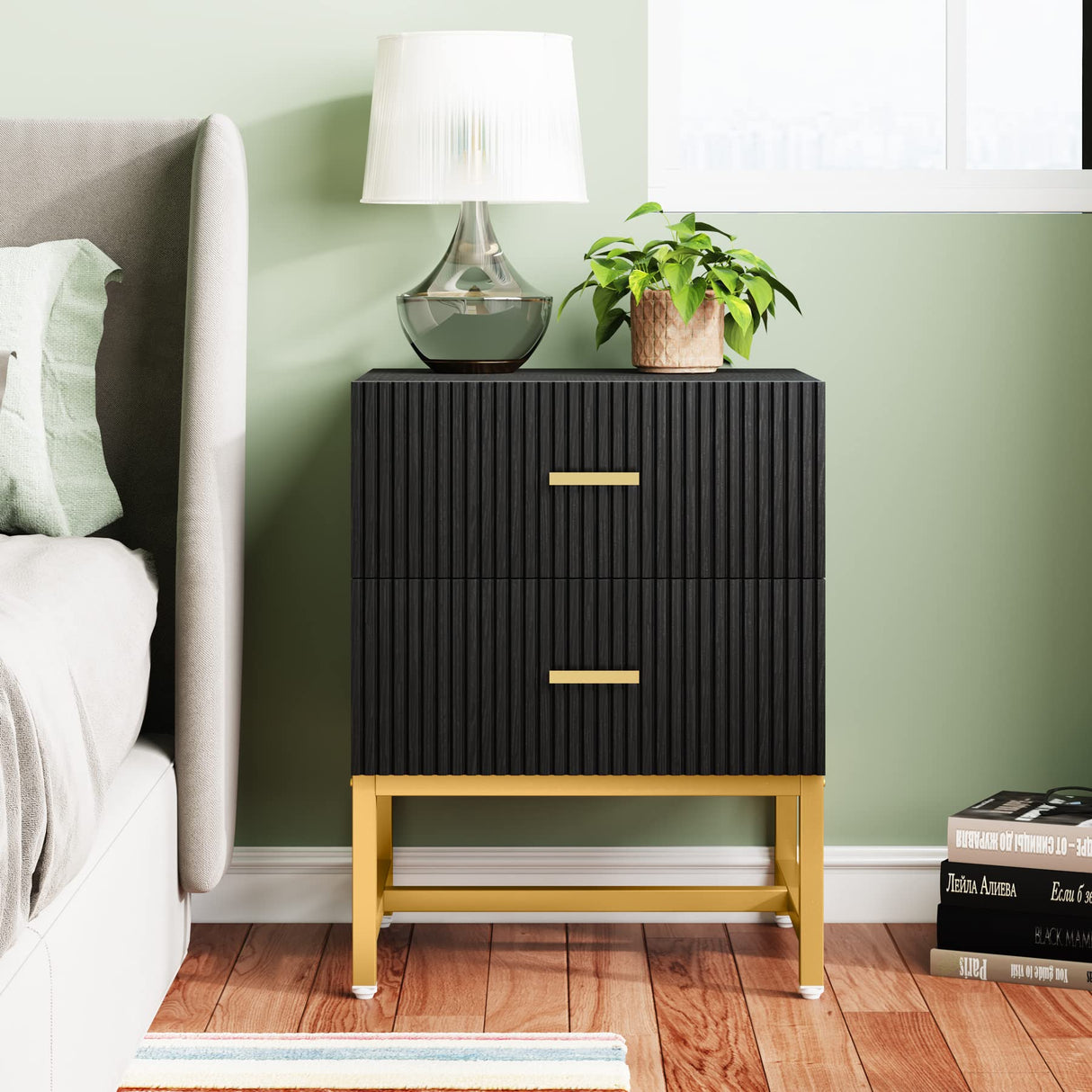 Modern Nightstand with 2 Big Striped Drawers, Tall Bed Side Table Wood Metal End Table