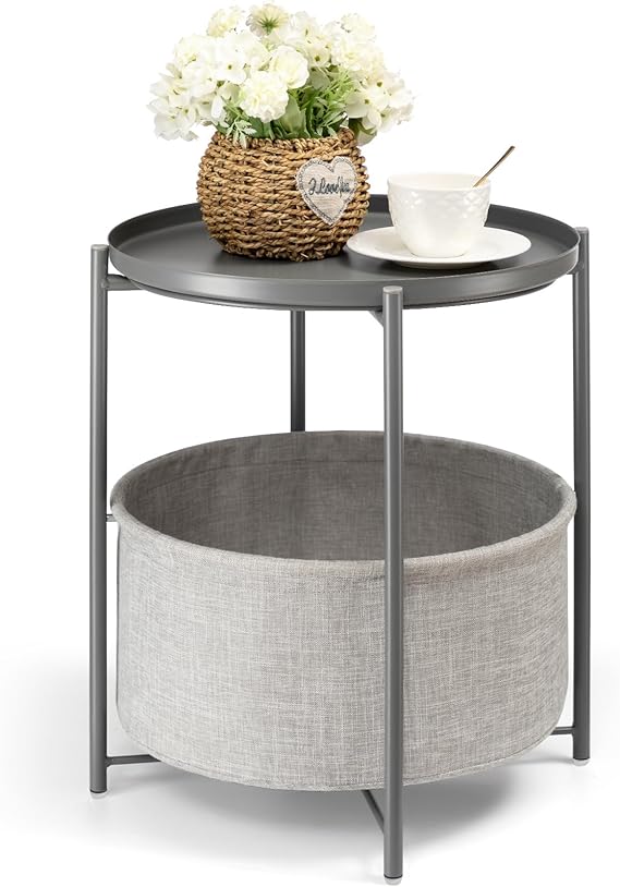 Round Side Table with Fabric Storage Basket