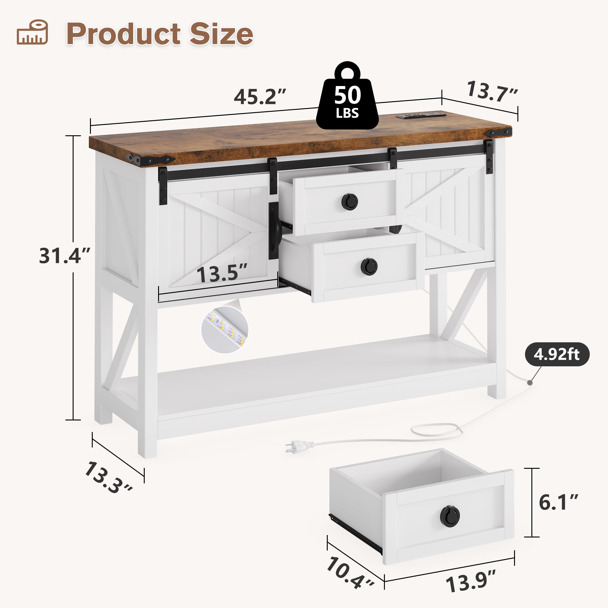 46'' Farmhouse Entryway Table with Storage, Narrow Console Table with 2 Drawer
