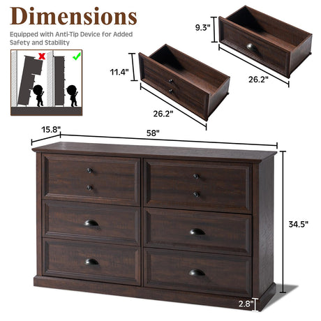 LUXOAK 58”W Farmhouse 6 Drawer Dresser for Bedroom, Natural Wood Texture Chest Dresser with Zinc Alloy Handle, Storage Drawers with Pre-Installed Slide for Living Room, Brown