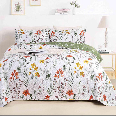 Quilt Set King Size 3 Pcs, White Floral Green Red Yellow Flower Leaf Spring