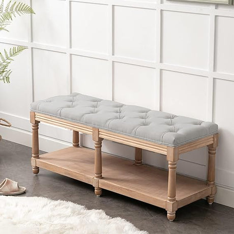 Tufted Extra-Long Entryway Bench, Vintage Bedroom Bench Upholstered