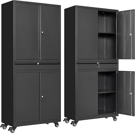 Metal Garage Storage Cabinet with 4 Wheels and 1 Drawer