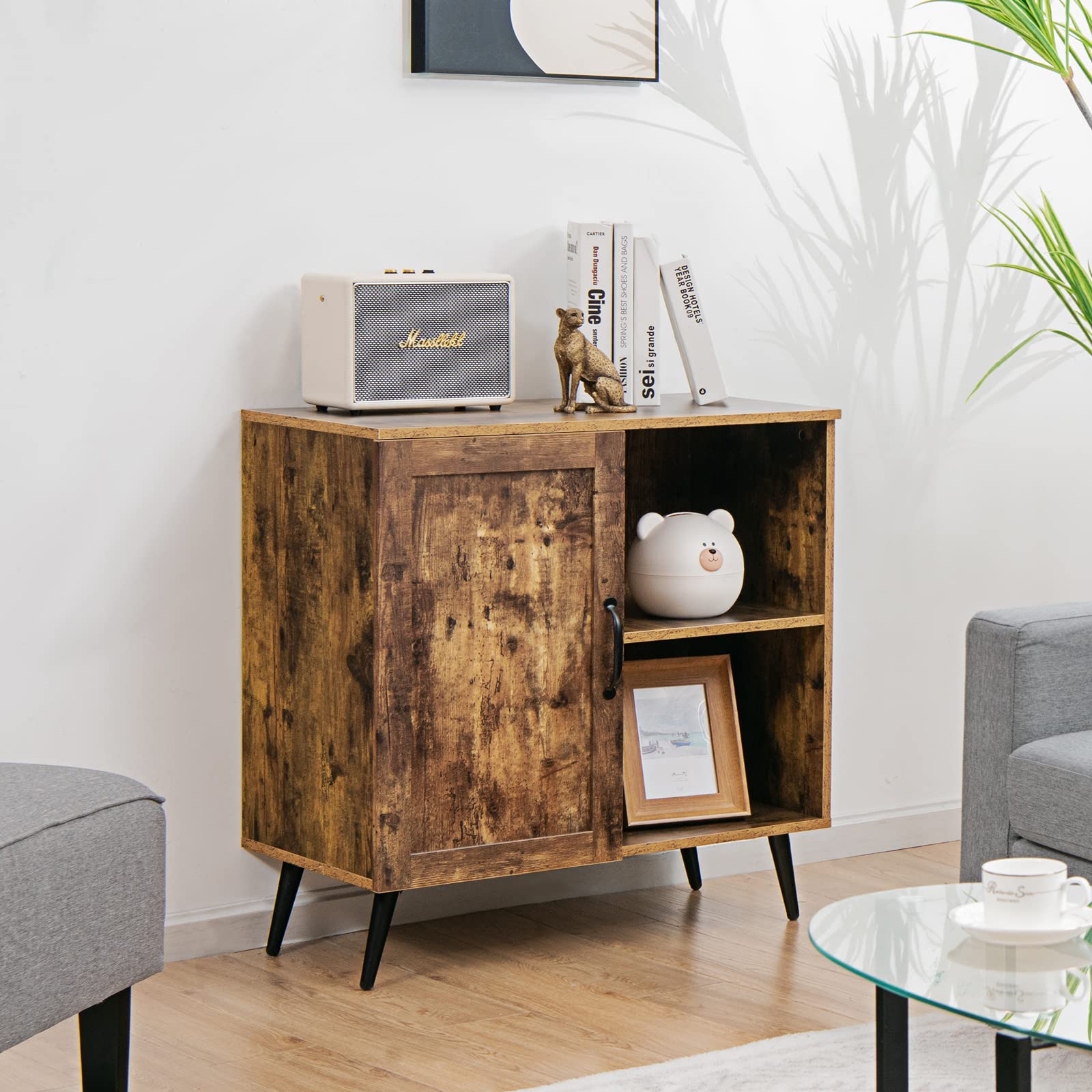 Mid-Century Storage Cabinet, Buffet Sideboard with Single Door & Adjustable Shelves