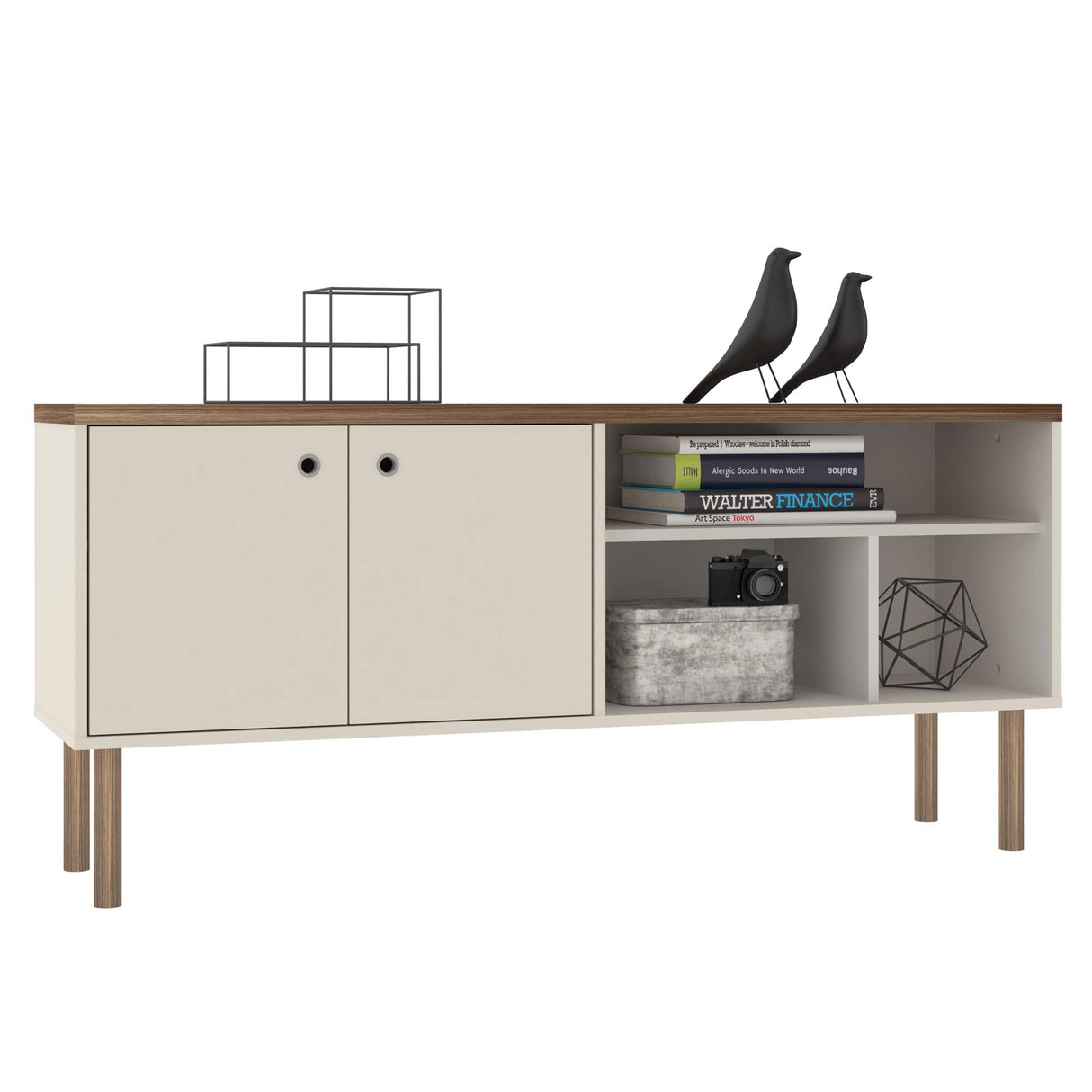 Windsor Modern TV Stand with Media Shelves and Solid Wood Legs, 53.54"