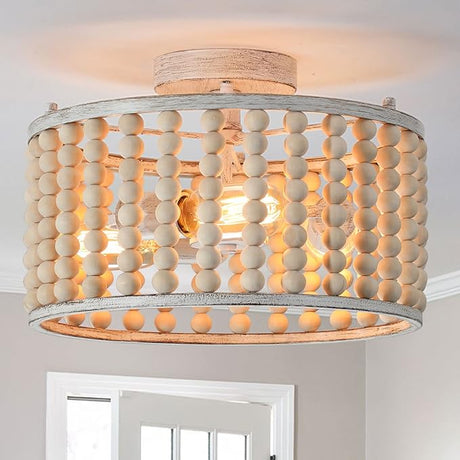 5 Lights White Bohemia Wood Beaded Chandelier, Farmhouse Boho Chandelier Light