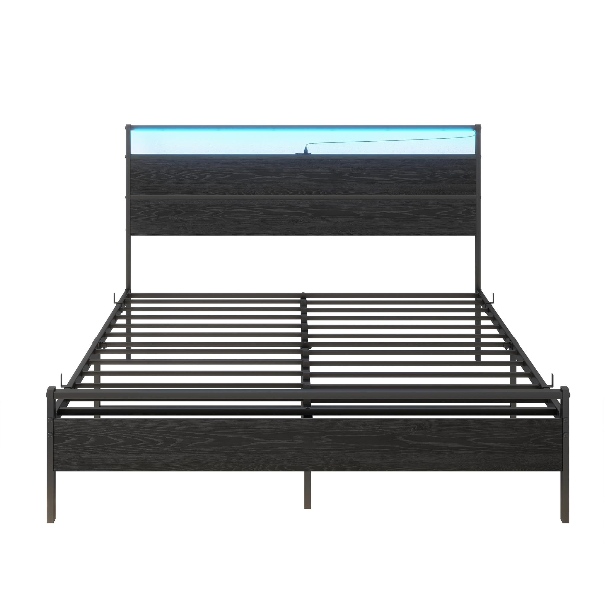 Queen Metal Platform Bed Frame with LED Headboard & USB Charging