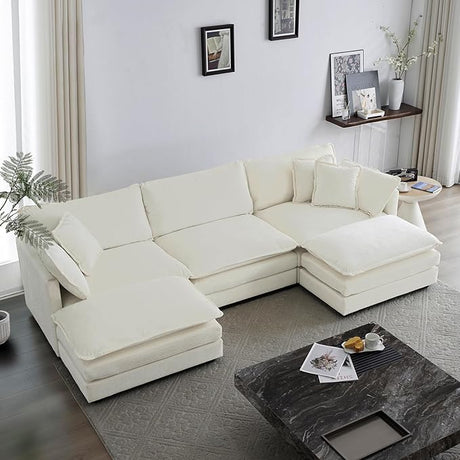 Chenille U-Shaped Modular Sectional Couch, Modern Comfy 3 Seater Deep Seat Cloud