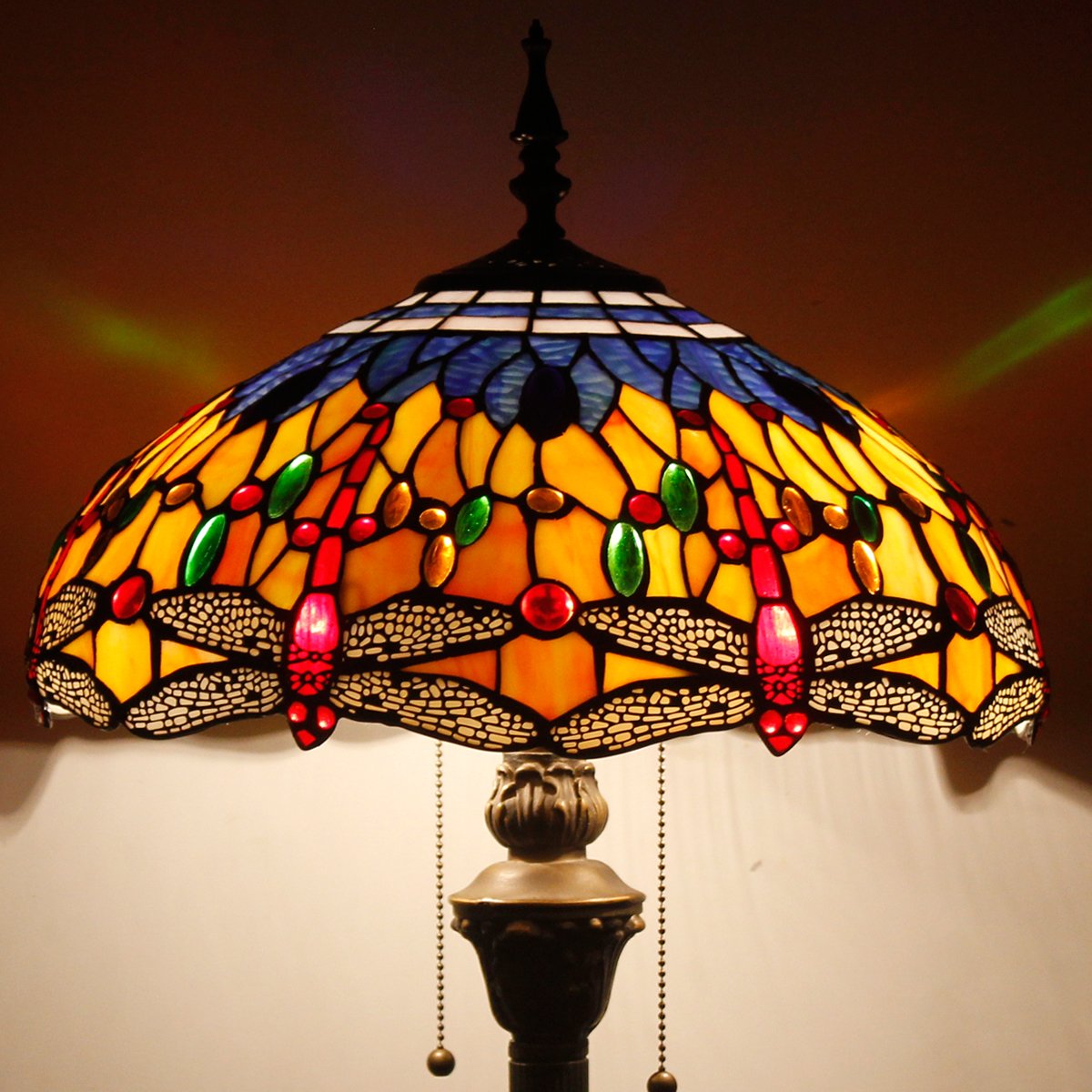 Tiffany Floor Lamp Blue Yellow Dragonfly Stained Glass 64 Inch