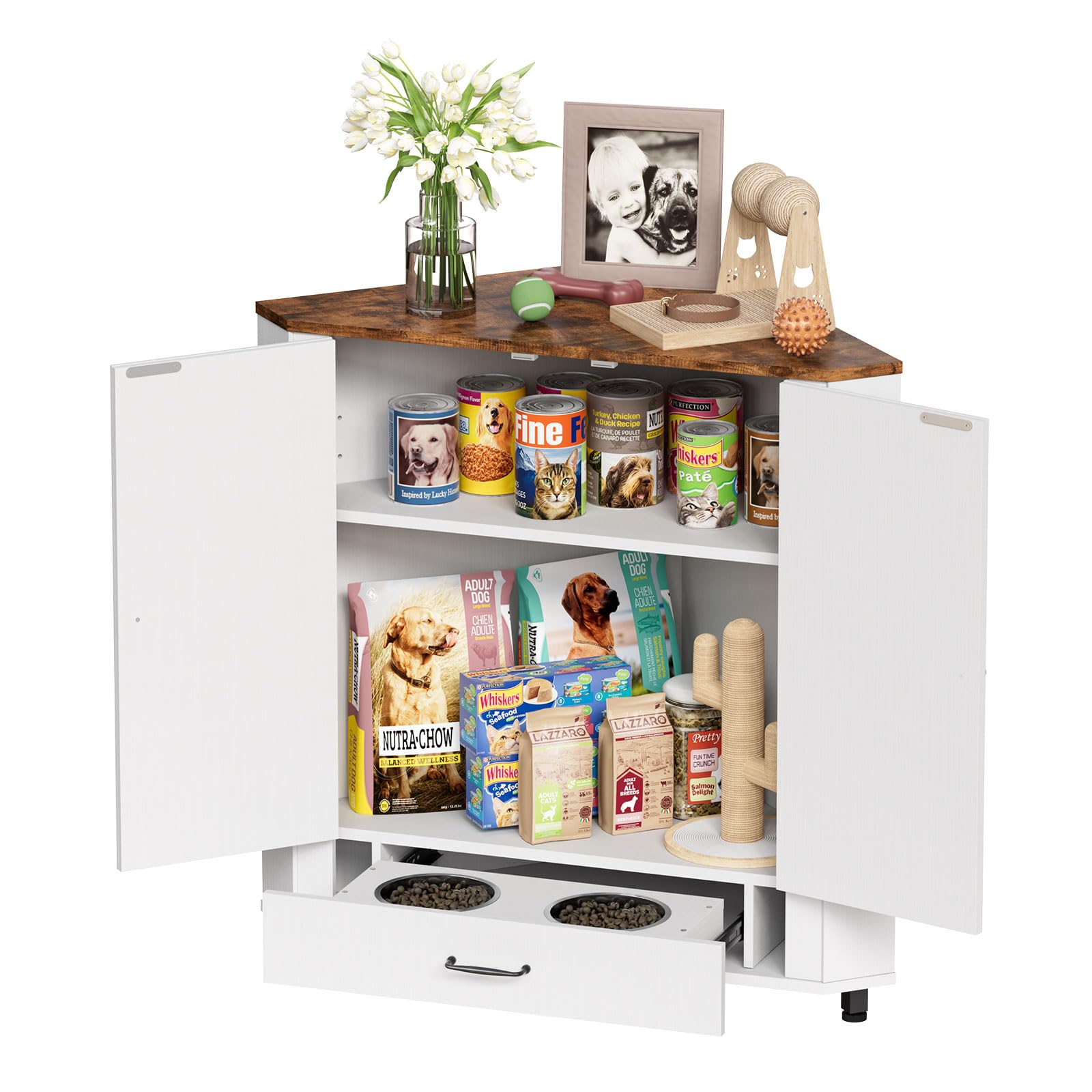 Farmhouse Dog Food Storage Corner Cabinet with Feeding Station