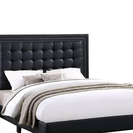 Benjara VEA Modern Platform Queen Bed, Deep Tufted Upholstery, Black Faux Leather