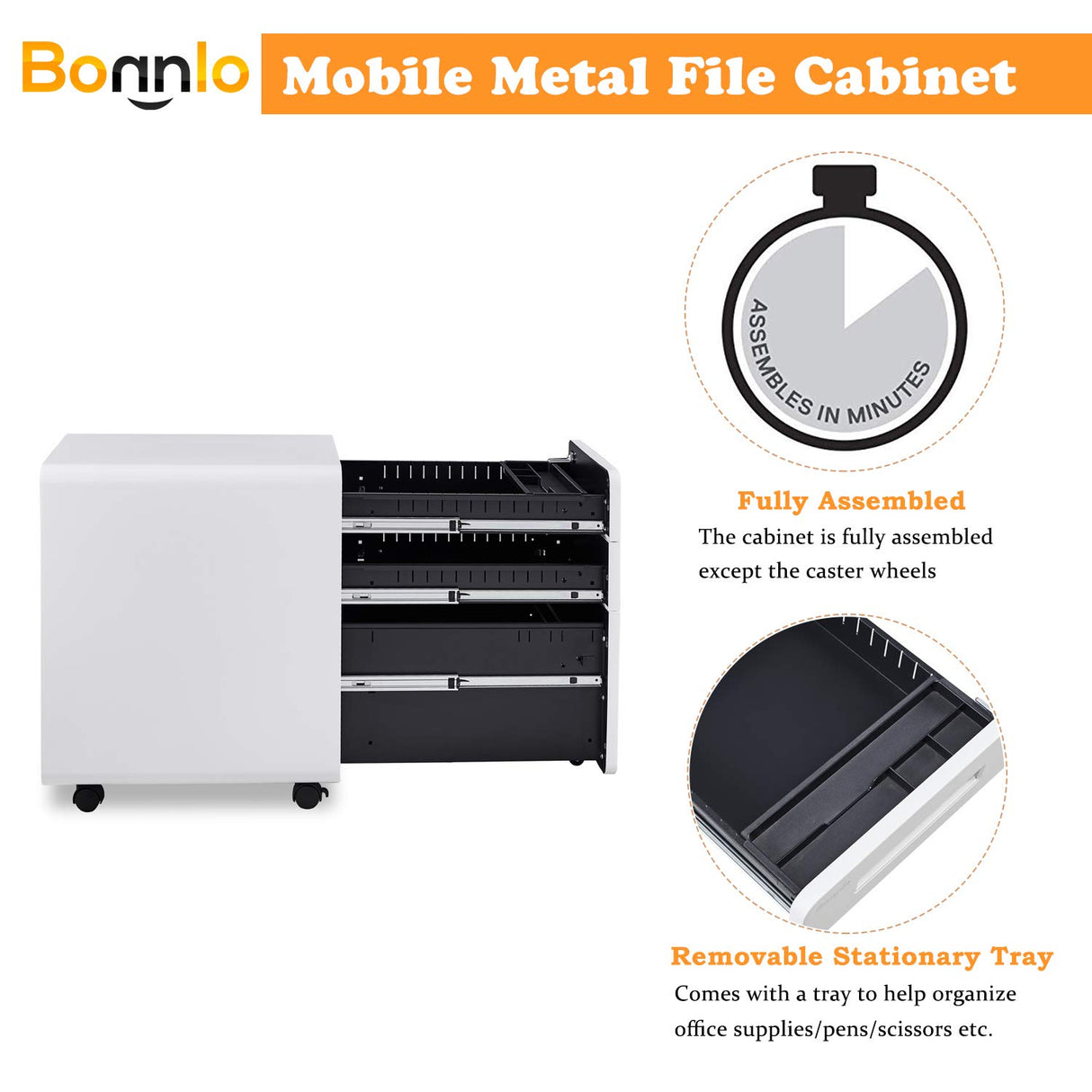 23.8" H 3 Drawer Rolling File Cabinet with Lock, Mobile File Cabinet Under Desk