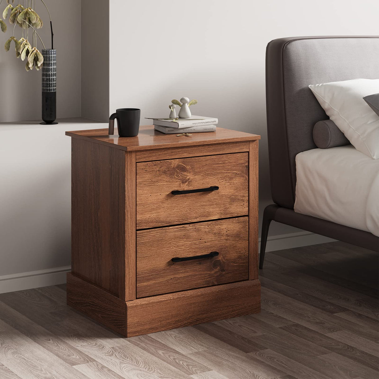 Farmhouse Nightstand Set of 2, Wood Bedside Table with 2 Storage Drawers