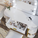 White Vanity Desk with Mirror and 9 LED Light Bulbs, Makeup Vanity Desk with Drawers and Stool